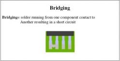 Bridging = solder running from one component contact to another resulting in a short circuit 